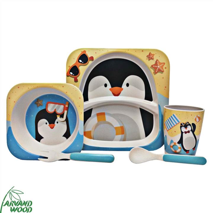 ظرف غذای کودک بامبو ست ۵ تکه طرح پنگوئن مدل ۳۰۴۵